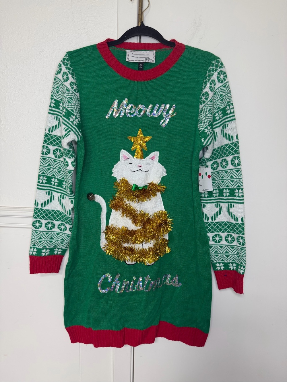 Festive Green 'Meowy Christmas' Kids Sweater Dress size M new with tag